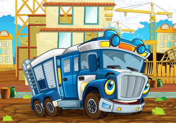 Obraz na płótnie Canvas cartoon funny looking policeman truck driving through the city near construction site - illustration for children