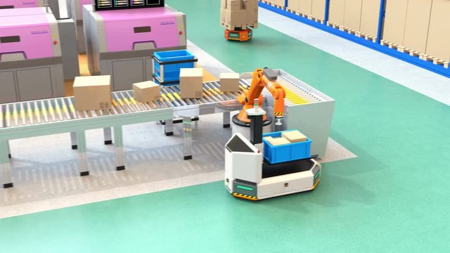 Robotic arm picking parcel from conveyor to AGV (Automatic guided vehicle). Smart factory concept. 3D rendering animation.