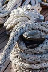 Fototapeta na wymiar vintage vessel mooring ropes and rigging