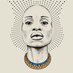 Afrykańska kobieta z afrykaninem w koralikach, plemienny tło. Piękna czarna kobieta. Ilustracji wektorowych - 187446469