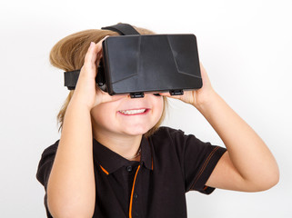 Young girl Wear Virtual Reality Digital Glasses