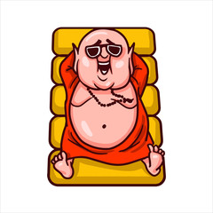 Cartoon vector illustration. Street art work or sticker with funny character. Funny Buddha in sunglasses lies on an inflatable mattress, smiles and tans.