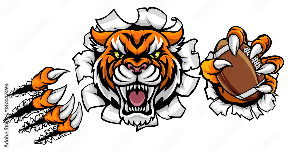 Sticker Tiger American Football Ball Breaking Background