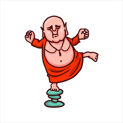 Obraz premium Cartoon vector illustration. Street art work or sticker with funny character. Buddha meditates with closed eyes and practices yoga balancing on stones.
