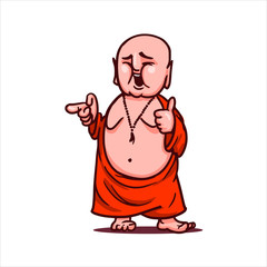 Obraz premium Cartoon vector illustration. Street art work or sticker with funny character. Smiling Buddha shows thumb up and points to someone.