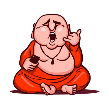 Cartoon vector illustration. Street art work or sticker with funny character. Happy Buddha sits and laughs, holds a smartphone in his hand and shows a gesture call me.