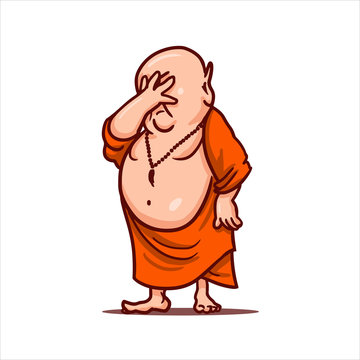 Cartoon illustration. Street art work or sticker with funny character. Upset Buddha put his hand to face and closed his eyes. Facepalm gesture.