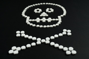 Skull and bones of white tablets on black background