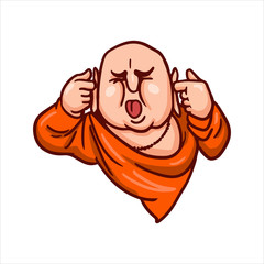 Cartoon illustration. Street art work or sticker with funny character. Upset Buddha covered his ears and stuck out his tongue. Shut up symbol.