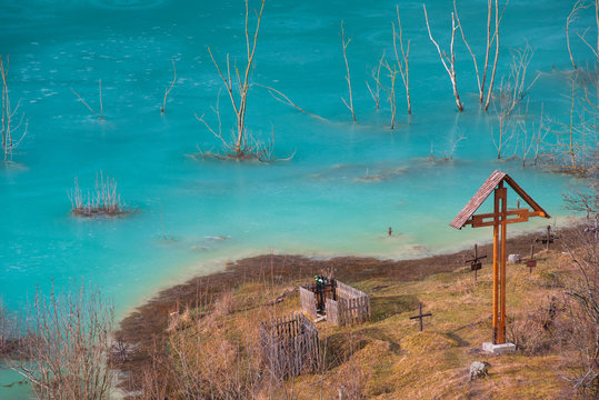 Cemetery under contaminated industrial lake in Geamana, Romania