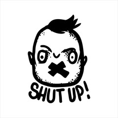Etched vector illustration. Engraved sticker. Dark humor jokes. Contemporary street art work. Hand drawn sketch of a crazy man with a taped mouth and inscription 