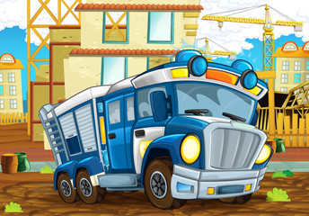 Obraz na płótnie Canvas cartoon scene with funny looking police car driving through the city near the construction site illustration for children 
