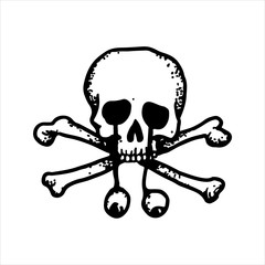 Etched vector illustration. Engraved sticker. Dark humor jokes. Contemporary street art work. Hand drawn sketch of a skull with fallen eyes and crossbones.