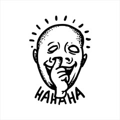 Etched vector illustration. Engraved sticker. Dark humor jokes. Contemporary street art work. Hand drawn sketch of a guy who stuck his finger in his nose and laughs out loud.