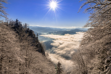 snowy and misty mountains, the Pieniny Mountains