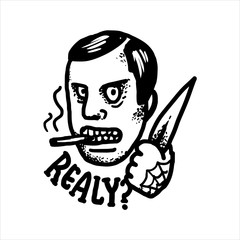 Etched vector illustration. Engraved sticker. Dark humor jokes. Contemporary street art work. Hand drawn sketch of a really angry gangster threatening with a knife.