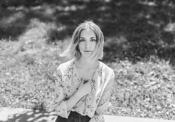 Black and white portrait of beautiful young woman.