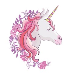 Obraz na płótnie Canvas Unicorn vector icon isolated on white. Head portrait horse sticker, patch badge. Cute magic cartoon fantasy cute animal. Rainbow hair. Dream symbol. Design for children