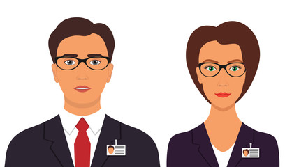 Naklejka premium Man and woman in business suits with badges and glasses. Business avatar profile picture. Vector illustration, isolated.
