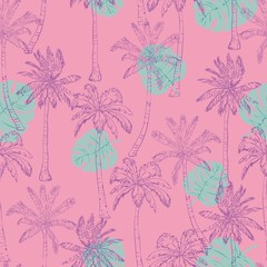 Fototapeta premium Seamless tropical palms pattern. Summer endless hand drawn vector background of palm trees can be used for wallpaper, wrapping paper, textile printing.Vector illlustration.