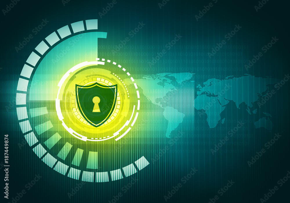 Aufkleber abstract digital concept touch screen interface with shield icon on circuit element and world map. f