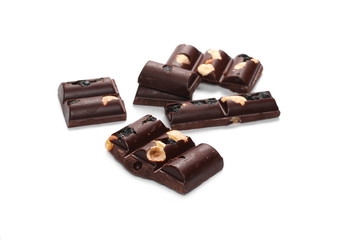 chocolate bars with blueberries, almonds and hazelnuts isolated on white background