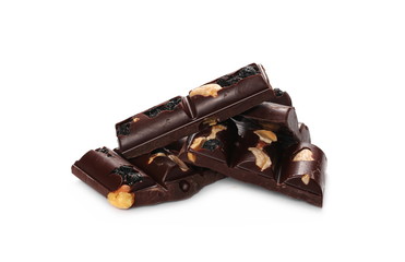 chocolate bars with blueberries, almonds and hazelnuts isolated on white background