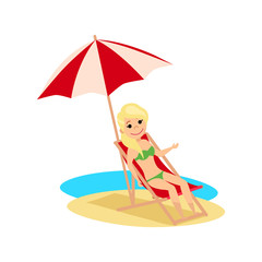 Girl sunbathing on a lounger on the beach. The cartoon style. Vector illustration.