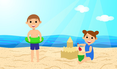 Children on the beach. A girl builds a sand castle. Boy with inflatable circle. Vector illustration.
