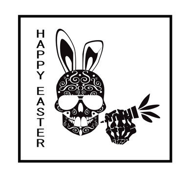 Easter skull icon background with sunglasses, carrot and rabbit ears, black and white