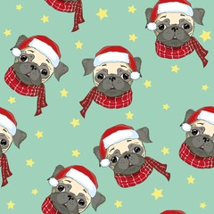 Seamless pattern with image of a Funny cartoon pugs puppies on a blue background. Vector illustration.