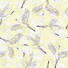 Japanese seamless pattern of birds and water. Traditional vintage fabric print. White and blue indigo background. Kimono design. Monochrome vector illustration.