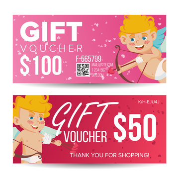 Valentine s Day Voucher Template Vector. Horizontal Free Card. February 14. Valentine Cupid And Gifts. Holidays Love Advertisement. Gift Certificate Red Illustration