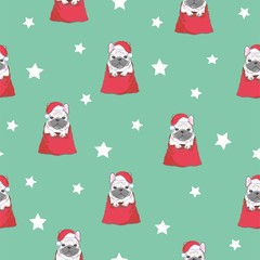 Seamless pattern with image of a Funny cartoon pugs puppies on a blue background. Vector illustration.