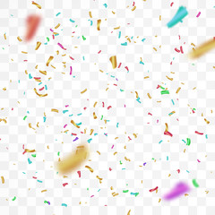 The realistic Falling of  shiny confetti glitters in colorful. New Year, birthday, design element of the Valentine's Day. Holiday design Isolated on a transparent background.