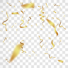The realistic drop of  shiny confetti glitters in gold. New Year, birthday, design element of the Valentine's Day. Holiday design on a transparent background.