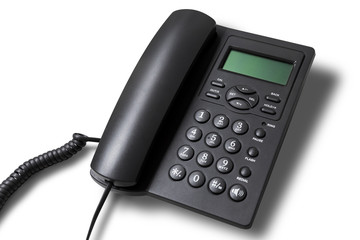 Side view of new black telephone on white background and shadow with clipping path