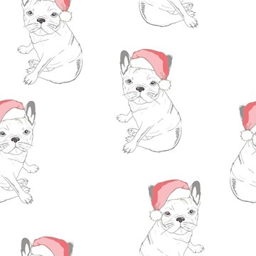 Seamless pattern with image of a Funny cartoon pugs puppies on a blue background. Vector illustration.