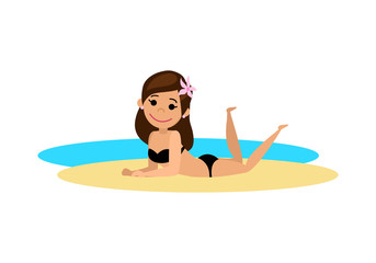 The girl sunbathes on the beach. The woman lies on her stomach on the sand. Cartoon style. Vector illustration.