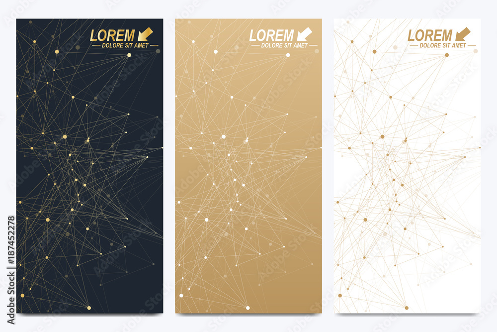 Poster Modern golden set of vector flyers. Modern stylish polygonal pattern with connected line and dots. Molecule and communication background for medicine, science, technology, chemistry.