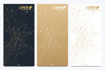 Modern golden set of vector flyers. Modern stylish polygonal pattern with connected line and dots. Molecule and communication background for medicine, science, technology, chemistry.