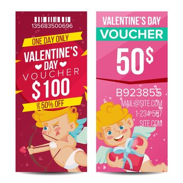 Valentine s Day Voucher Vector. Vertical Free Banner. February 14. Valentine Cupid And Gifts. Love Advertisement. Cute Gift Red Illustration