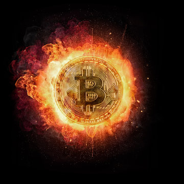 Bitcoin crypto currency with fire, isolated on black background