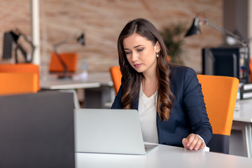 Young businesswoman using laptop at office table