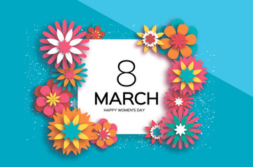 Fototapeta na wymiar 8 March. Colorful Happy Women's Day. Trendy Mother's Day. Paper cut Floral Greeting card. Origami flower. Text. Square frame. Spring blossom. Seasonal holiday on sky blue. Modern paper decoration.