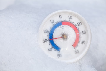 Frozen thermometer shows minus 30 Celsius degree extreme cold winter weather concept