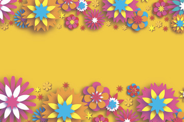 Fototapeta na wymiar Colorful Floral Card. Paper cut Flowers Composition. Origami Daisy Rose flower. Text. Spring Peony blossom. Seasonal holiday on yellow. Modern paper decoration.