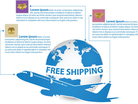 Infographic of Airplane, Air Craft Shipping Around the World for Free Shipping Concept, Vector Illustration EPS 10.