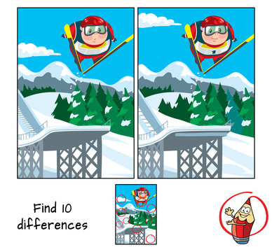 Ski jumping. Find 10 differences. Educational game for children. Cartoon vector illustration