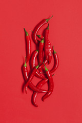 Red chili peppers arranged on a bright red background